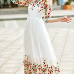 Elegant White Floral Embroidered Dress